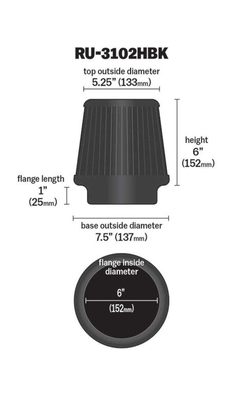 K&N Universal Rubber Filter Round Tapered 6in Flange ID x 7.5in Base OD x 5.25in Top OD x 6in Height thumbnail 3