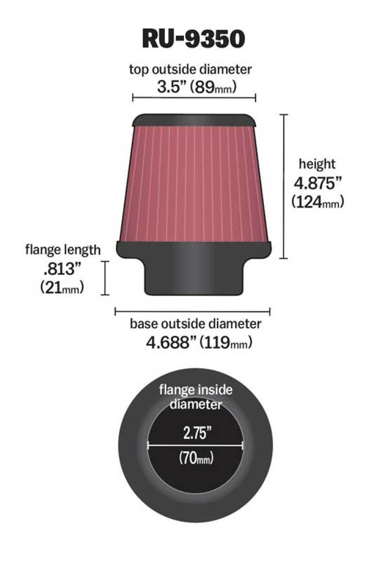 K&N Universal Clamp-On Air Filter 2-3/4in FLG / 4-11/16in B / 3-1/2in T / 4-7/8in H thumbnail 2
