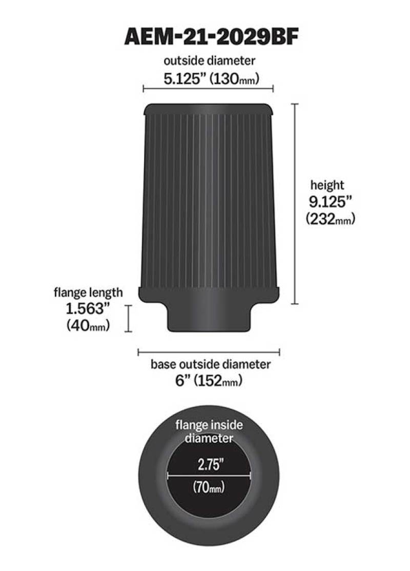 AEM Dryflow Conical Air Filter 2.75in Flange ID / 6in Base OD / 5.125in Top OD / 9.125in Height thumbnail 5