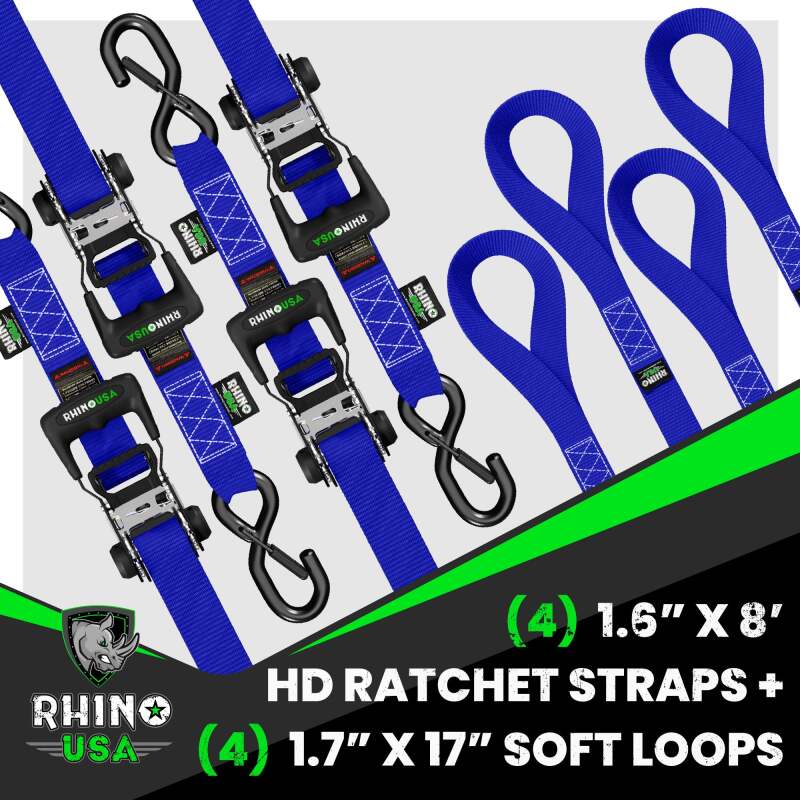 Rhino USA Heavy Duty Ratchet Tie-Down 4-Pack (Blue) 1.6In X 8Ft thumbnail 2