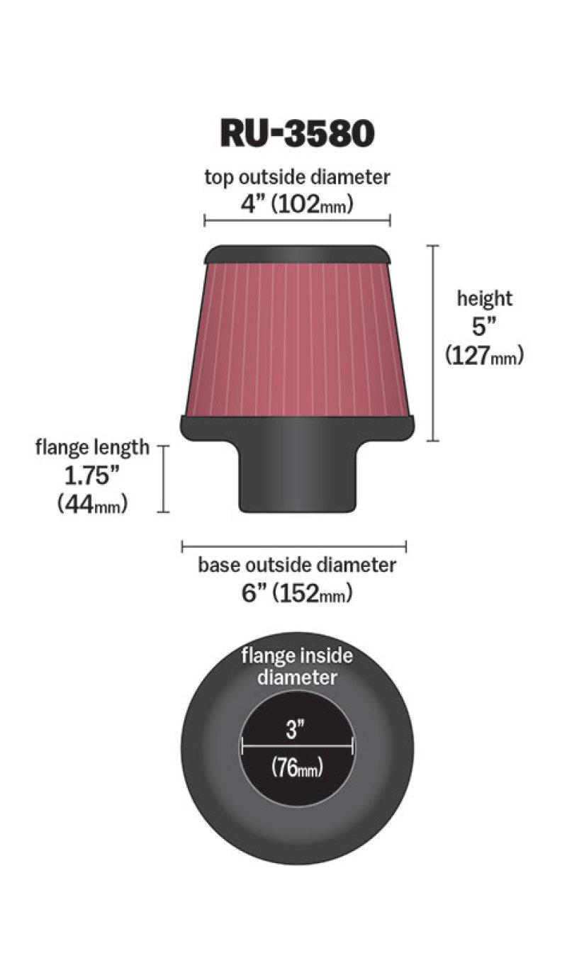 K&N Filter Universal Rubber Filter 3 Inch Flange 6 inch Base 4 inch Top 5 inch Height thumbnail 4