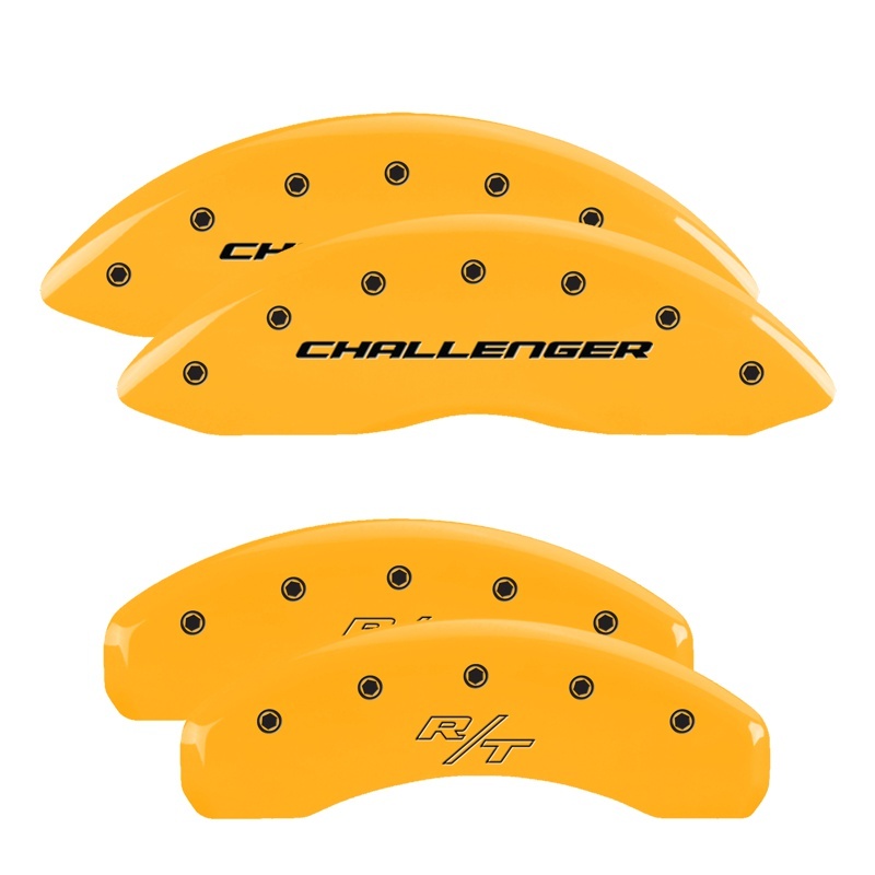 MGP 4 Caliper Covers Engrvd Front Block/Challenger Engrvd Rear Vintage Style/RT Yellow fnsh Blk ch thumbnail 6