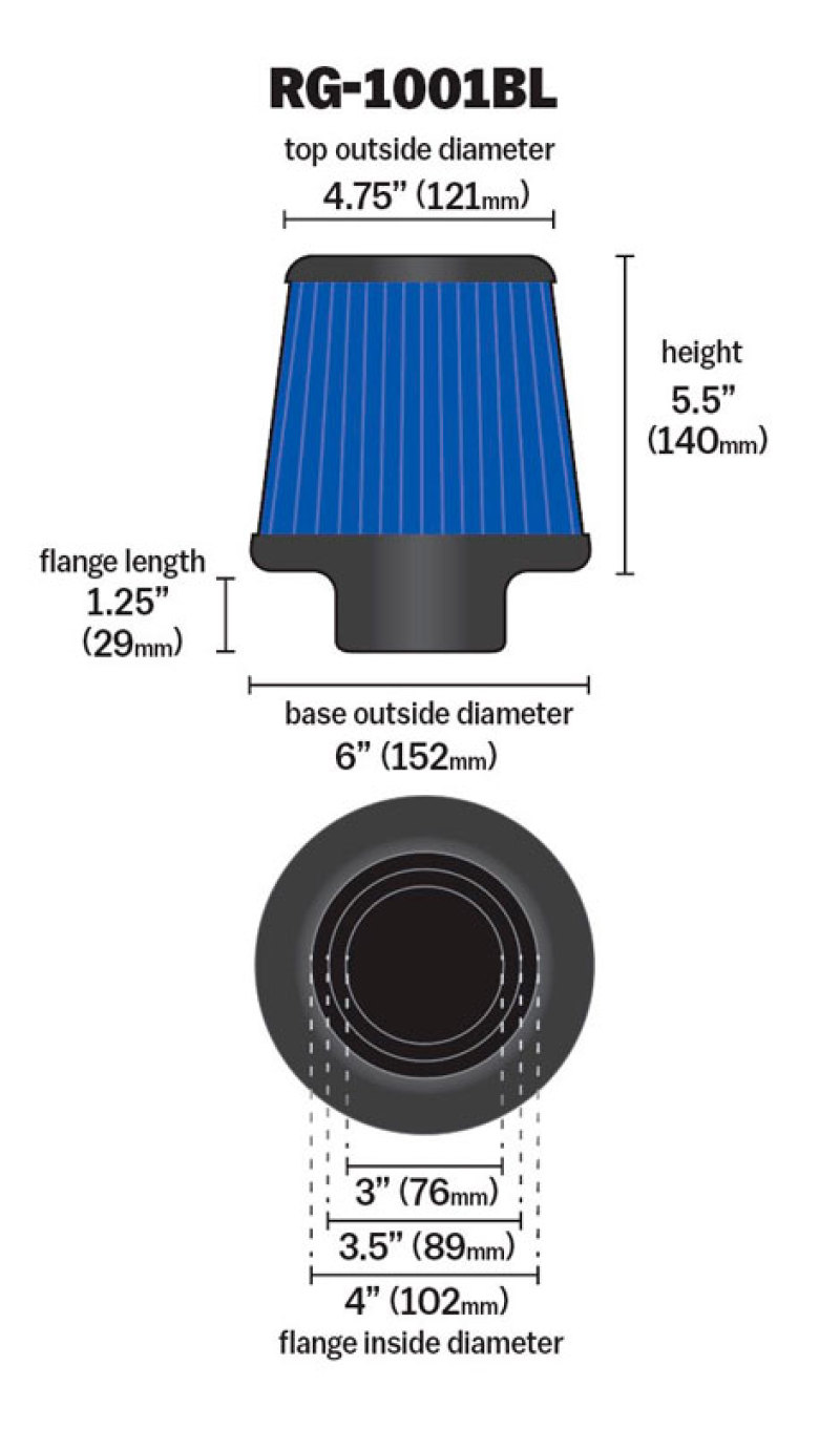 K&N Universal Air Filter Chrome Round Tapered Blue - 4in Flange ID x 1.125in Flange Length x 5.5in H thumbnail 5