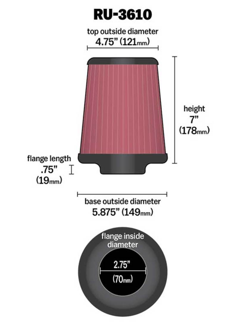 K&N Universal Rubber Filter 2.75in Flange ID x 5.875in Base OD x 4.75in Top OD x 7in Height thumbnail 4