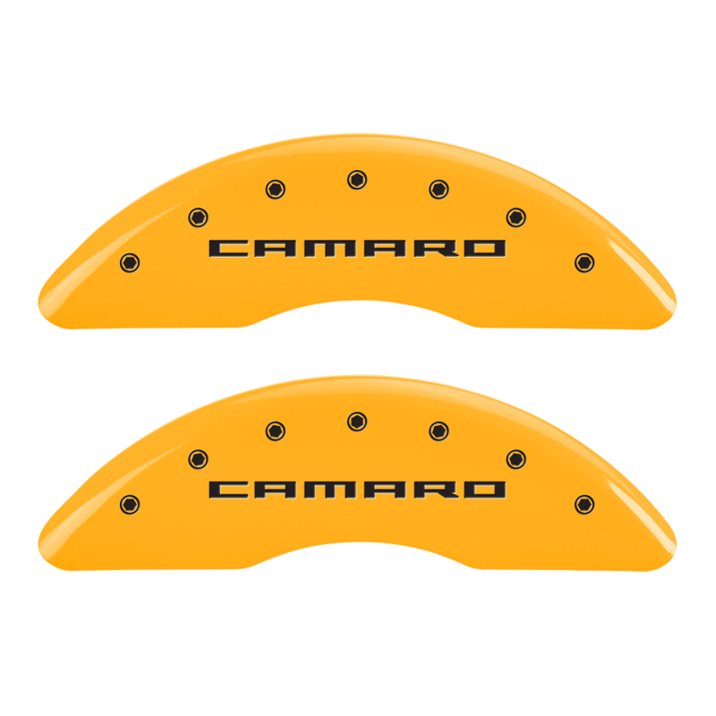 MGP 4 Caliper Covers Engraved Front Gen 5/Camaro Engraved Rear Gen 5/Z28 Yellow finish black ch thumbnail 4