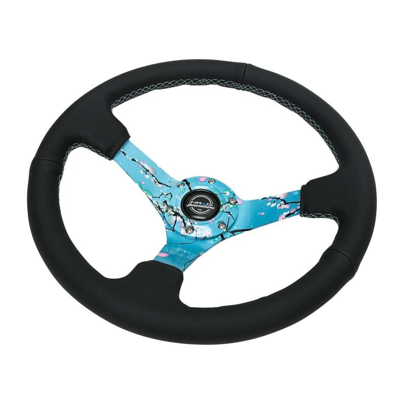 NRG Reinforced Suede Steering Wheel (350mm / 3in. Deep) Hydro Dipped Blossom Floral w/ Teal Stitch thumbnail 3