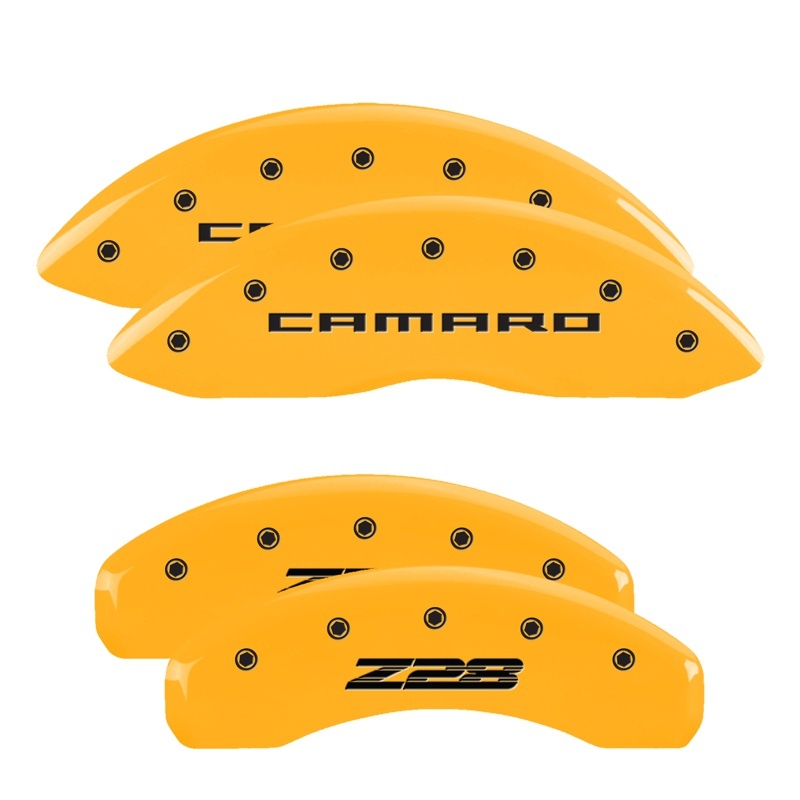 MGP 4 Caliper Covers Engraved Front Gen 5/Camaro Engraved Rear Gen 5/Z28 Yellow finish black ch thumbnail 6