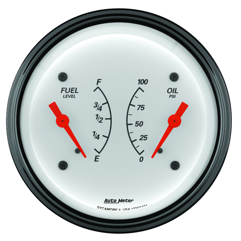 AutoMeter Gauge Dual Fuel & Oilp 3-3/8in. 0 Ohm(e) to 90 Ohm(f)& 100PSI Elec Arctic White