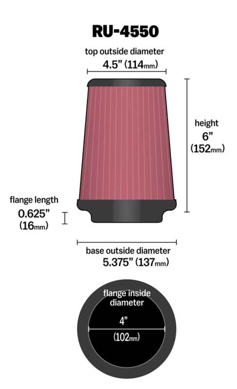 K&N Universal Air Filter 4in Flange / 5-3/8in Base / 4-1/2in Top / 6in Height thumbnail 2
