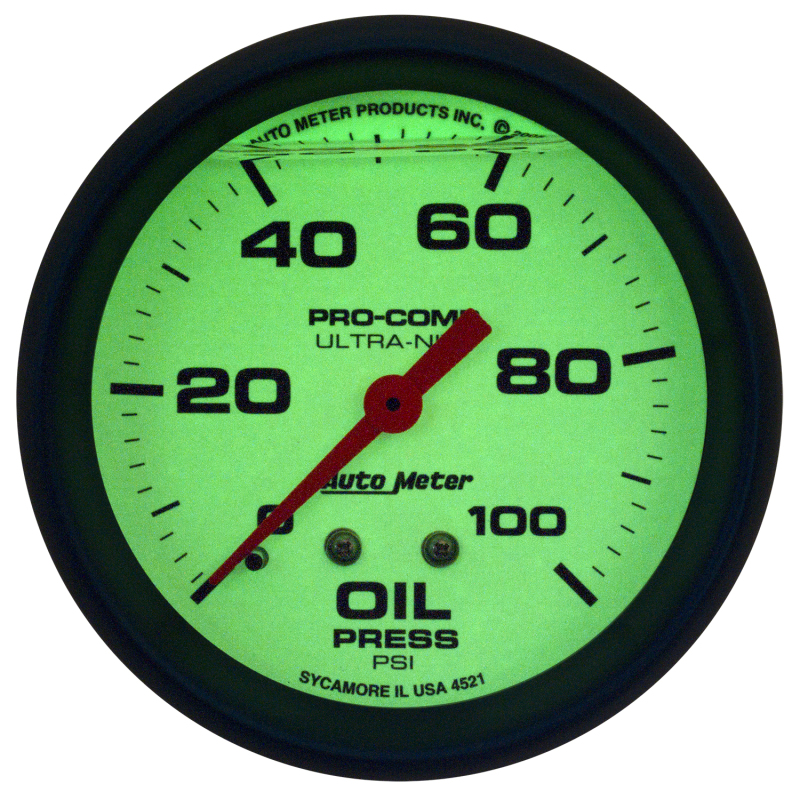 Autometer Ultra-Nite 2-5/8in 0-100 PSI Liquid Filled Mechanical Glow In Dark Oil Pressure Gauge thumbnail 5