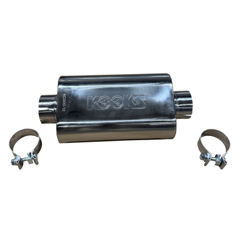 Kooks 3in Oval Clamp In Center/Center Muffler 12in Long Body Polished Stainless Steel