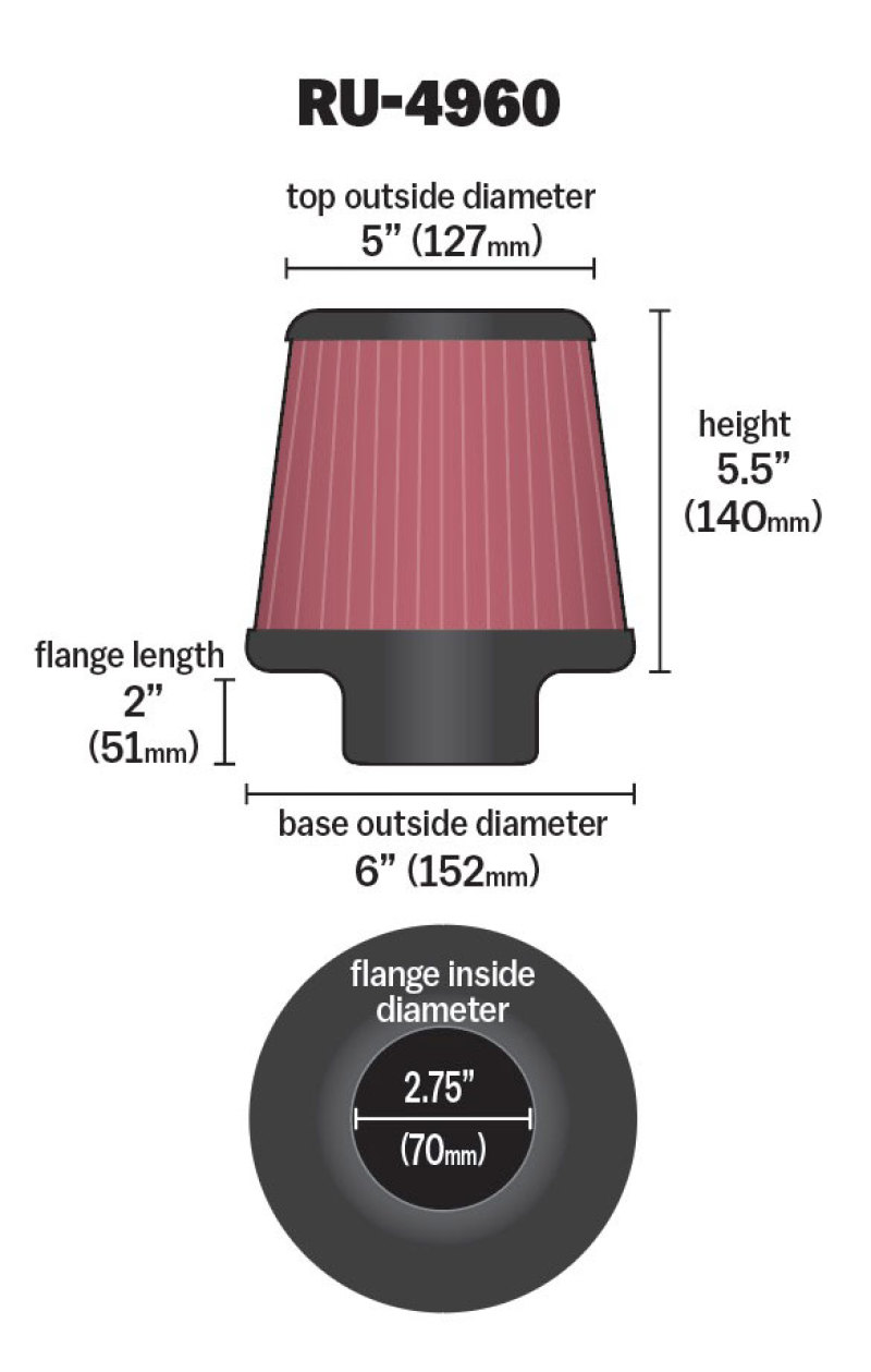 K&N Filter Universal Rubber Filter 2 3/4 inch Flange 6 inch Base 5 inch Top 5 1/2 inch Height thumbnail 3