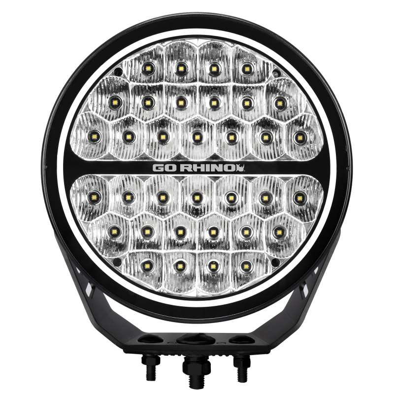 Go Rhino Xplor Blackout Series Round LED Sgl Driving Kit w/DRL (Surface/Thread Stud Mnt) 9in. - Blk thumbnail 2